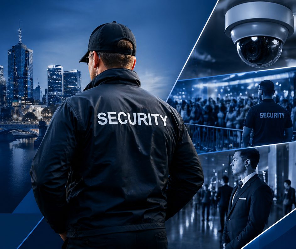Specialty Security Service officer in a black SECURITY jacket overlooking the Melbourne skyline at night
