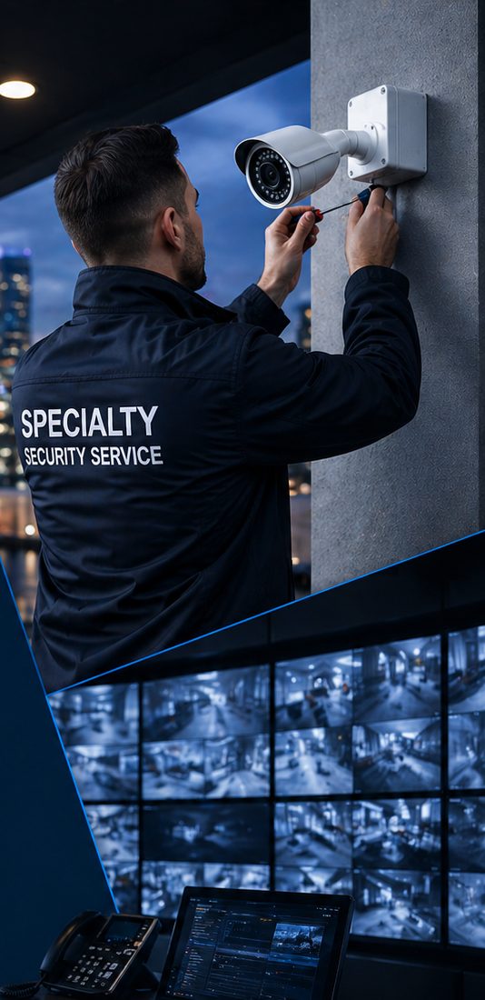 Specialty Security Service technician installing a CCTV camera