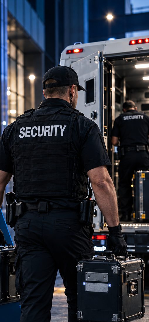Cash-in-transit officers in SECURITY vests carrying cash cases from an armoured van at night
