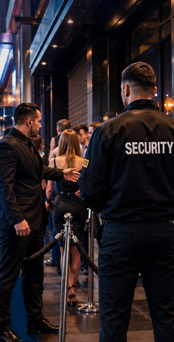 Crowd controllers managing a queue outside a Melbourne venue at night