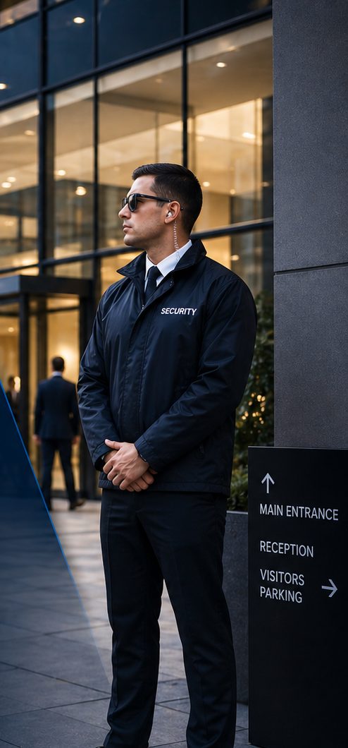 Uniformed security officer standing guard at a corporate building entrance